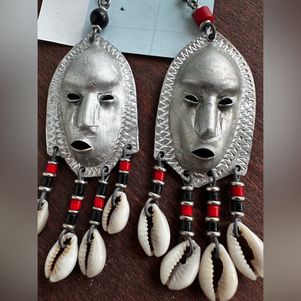 Vintage Big Silver Tribal Mask Earrings with Shell